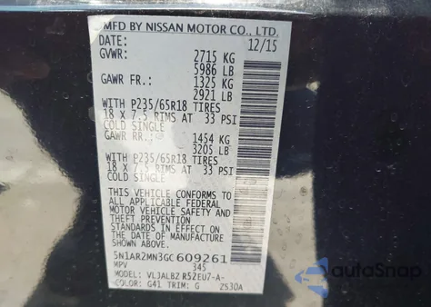 2016 Nissan Pathfinder Platinum/S/Sl/Sv z USA, uszkodzony, nr VIN 5N1AR2MN3GC609261